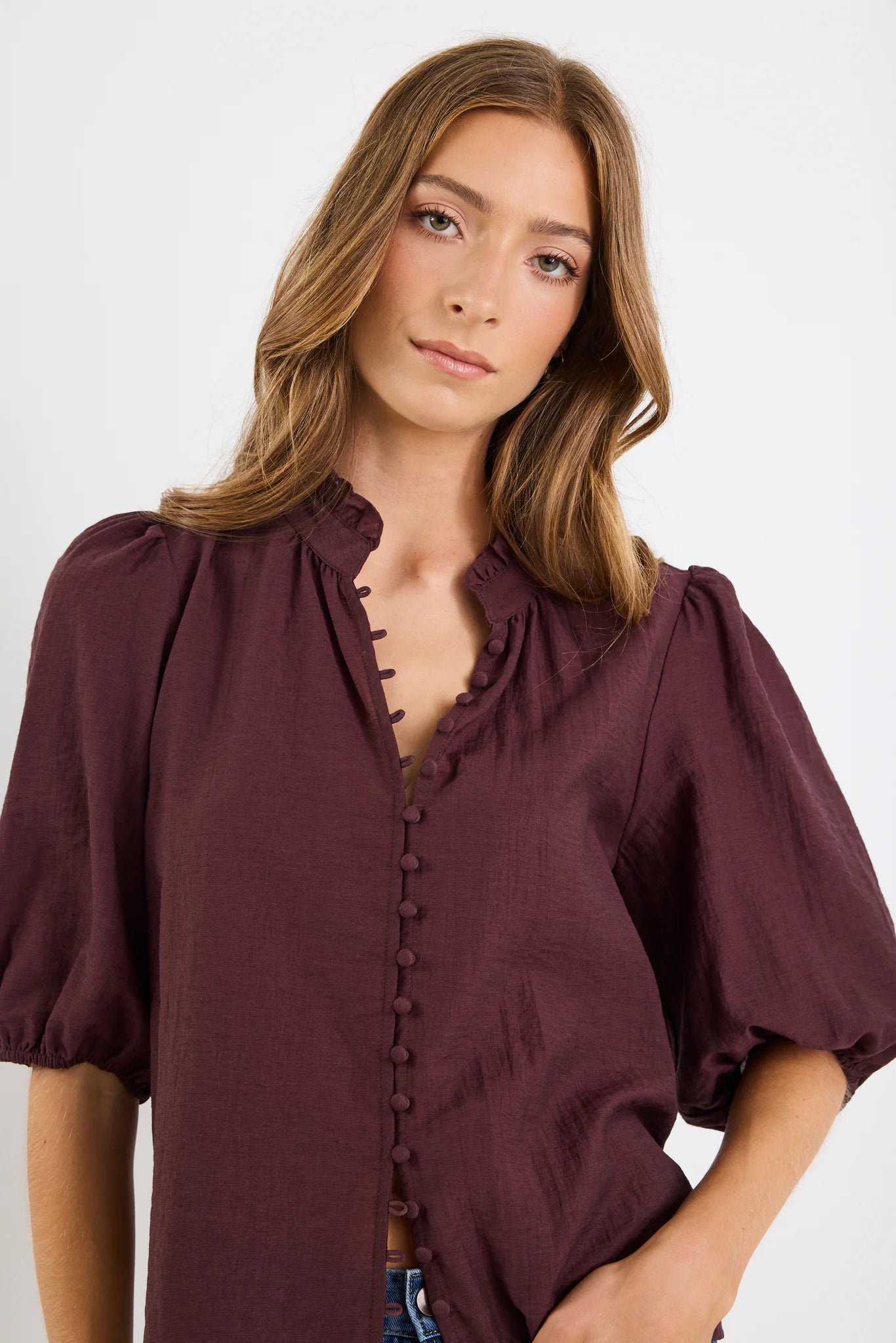 IVY+JACK Continuance Chocolate Semi Sheer High Neck Button Top