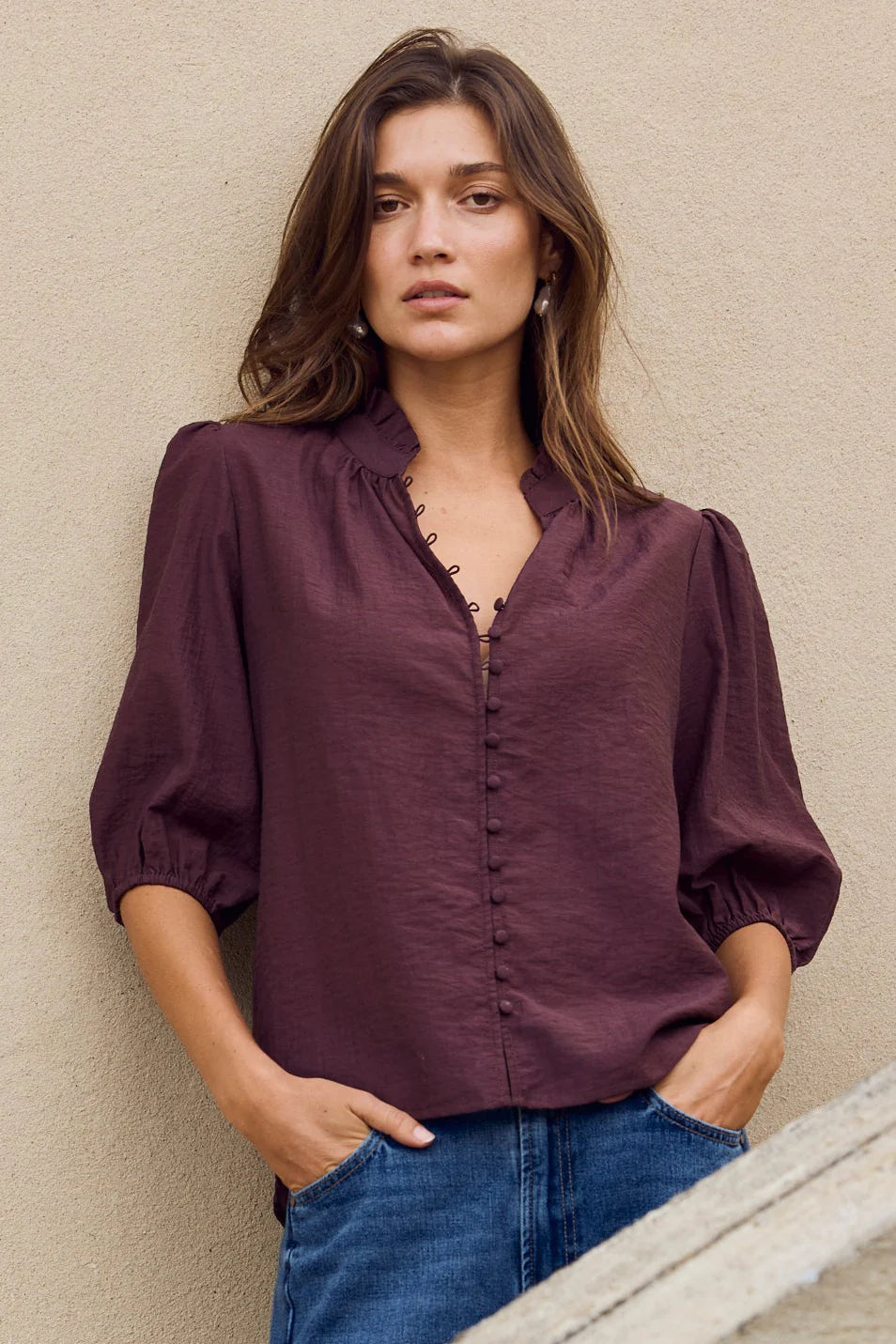 IVY+JACK Continuance Chocolate Semi Sheer High Neck Button Top