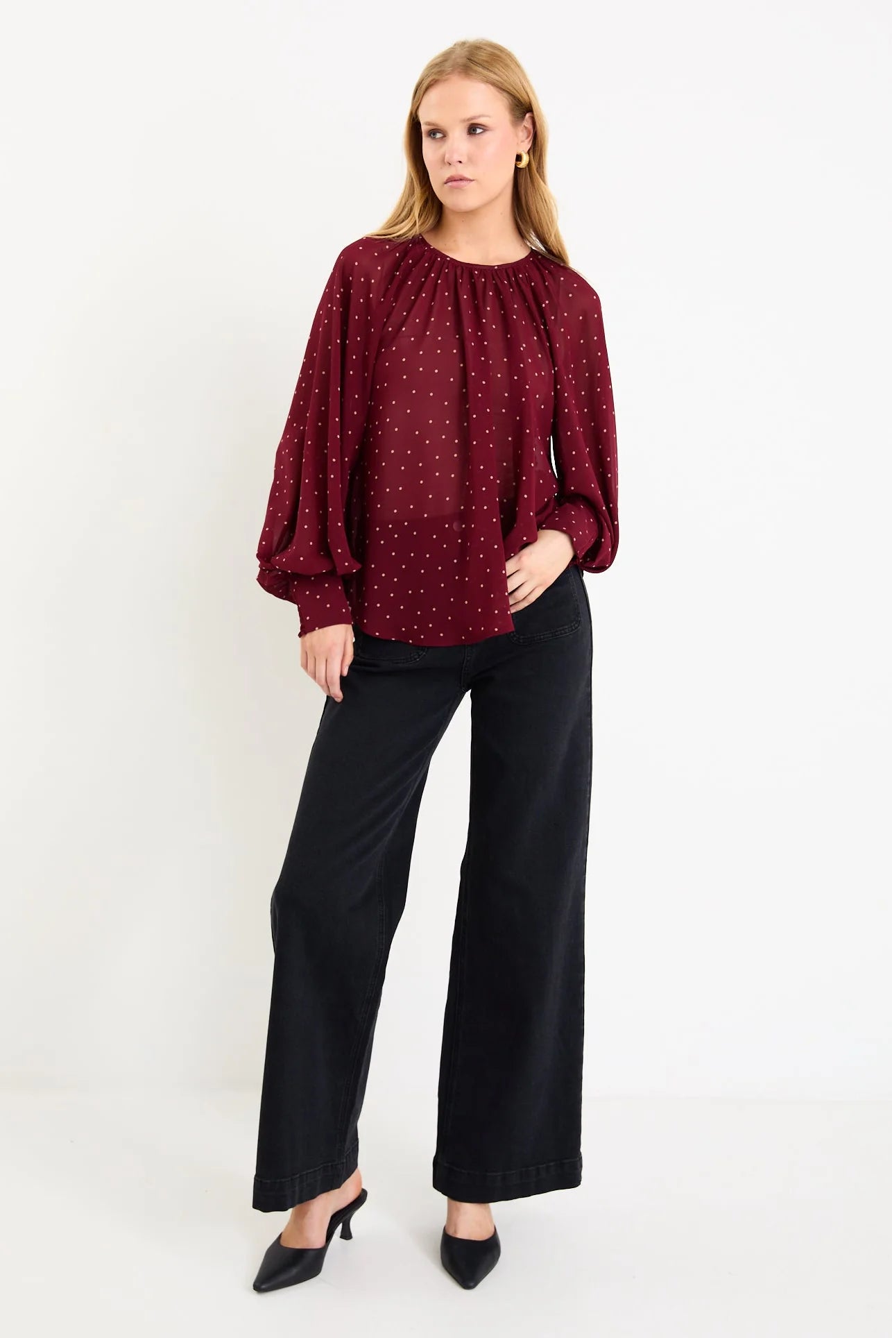 STORIES BE TOLD Cosmopolitan Burgundy Polka dot Top