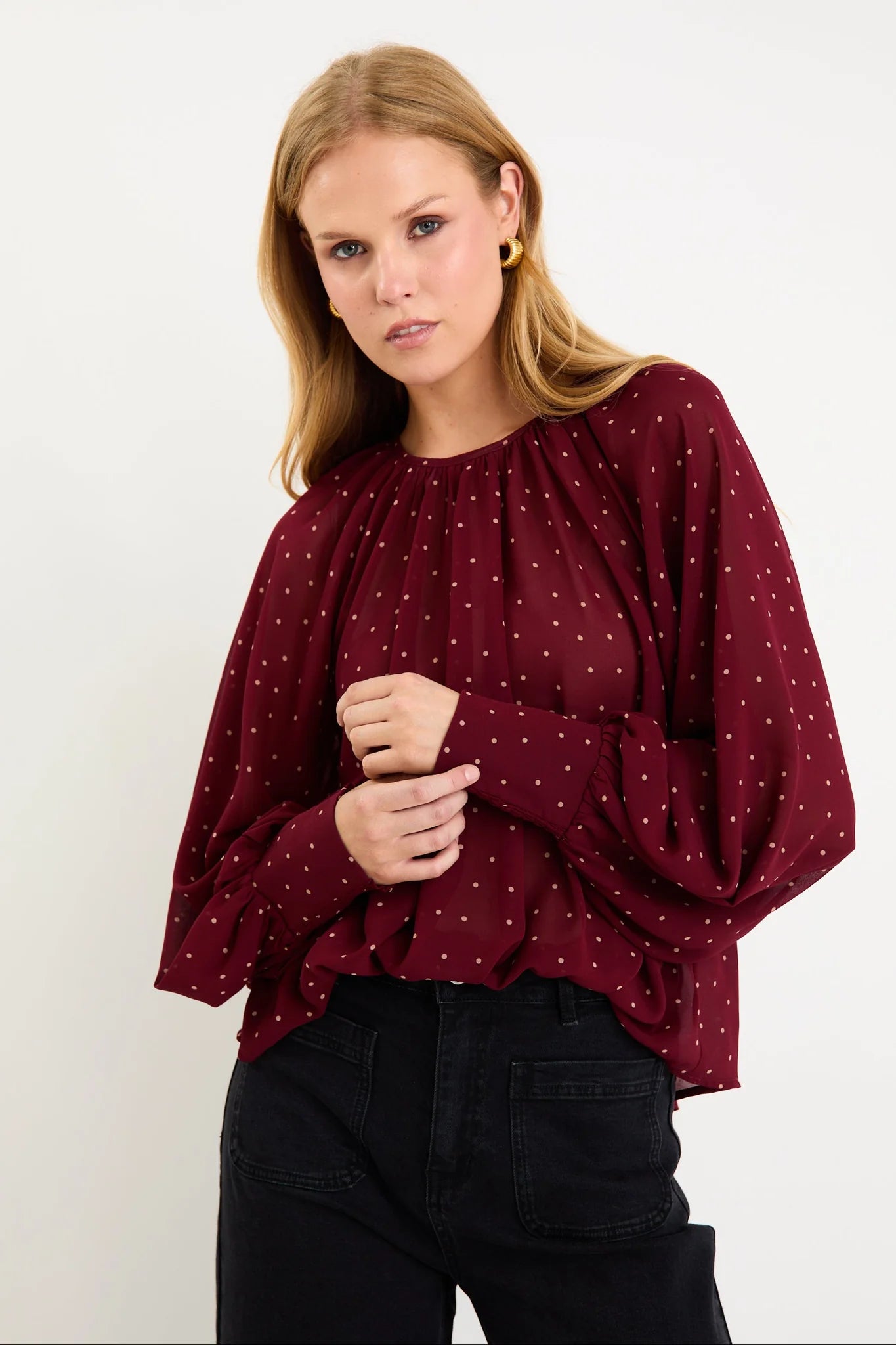 STORIES BE TOLD Cosmopolitan Burgundy Polka dot Top