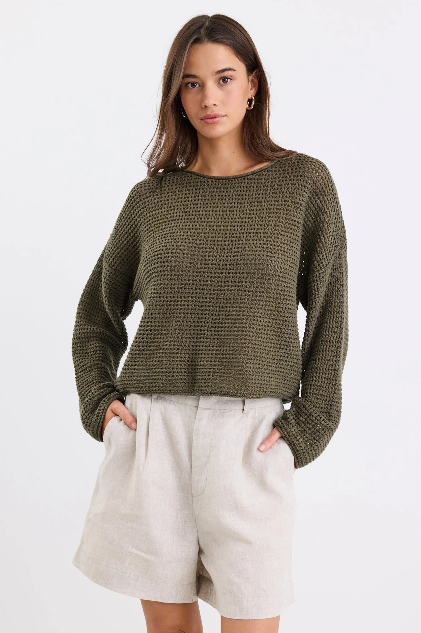 RE:UNION Dawn Soft Khaki Crochet Knit Top