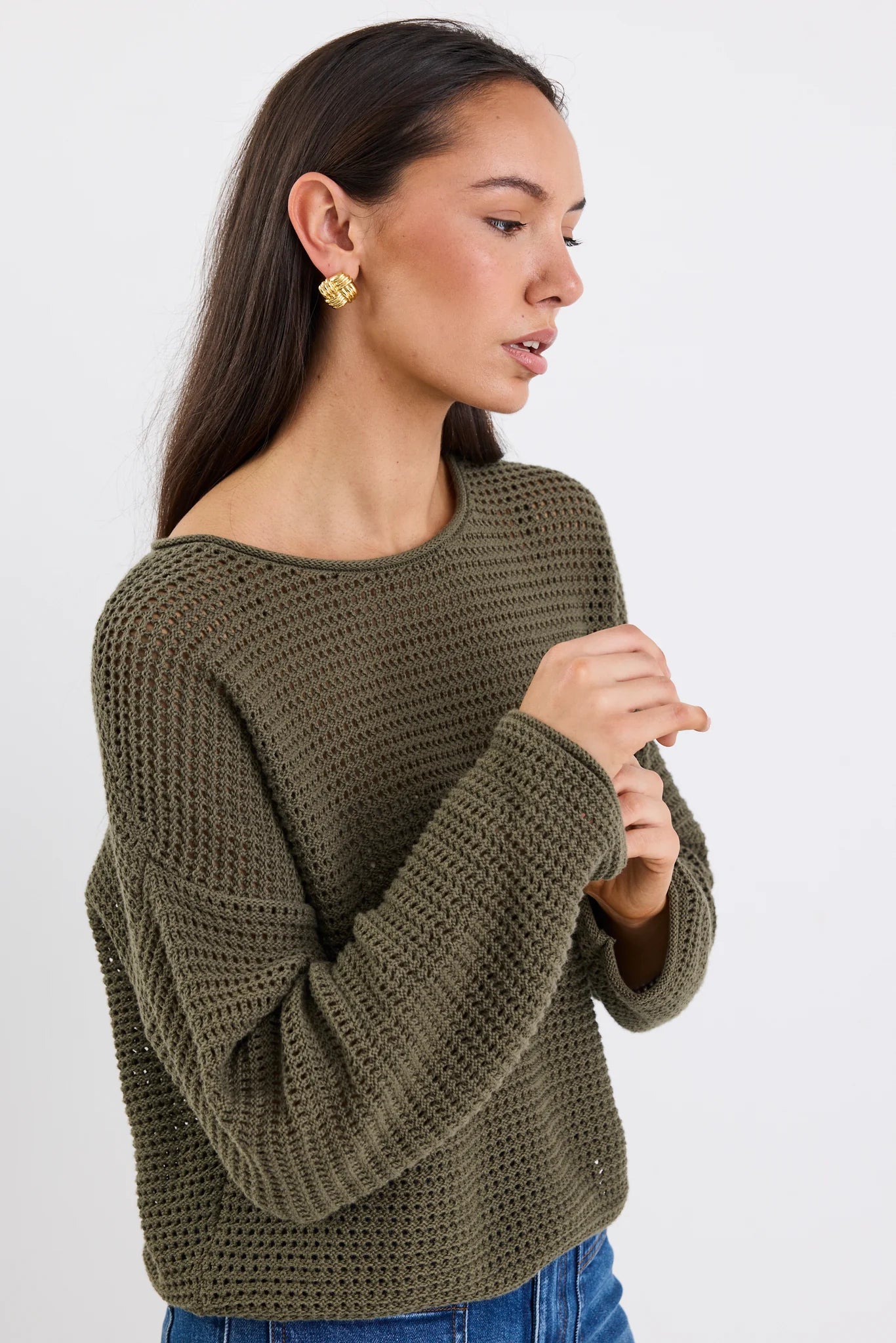 RE:UNION Dawn Soft Khaki Crochet Knit Top