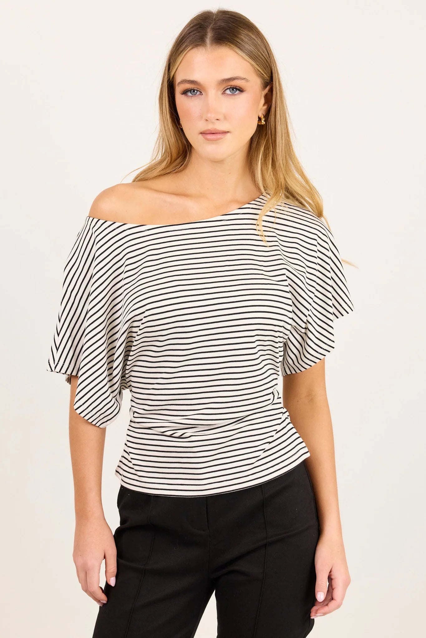 AMONG THE BRAVE Emphasis Black White Stripe Cotton Gathered Waist Top
