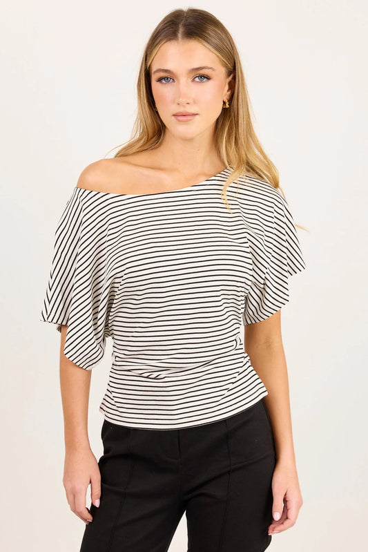 AMONG THE BRAVE Emphasis Black White Stripe Cotton Gathered Waist Top