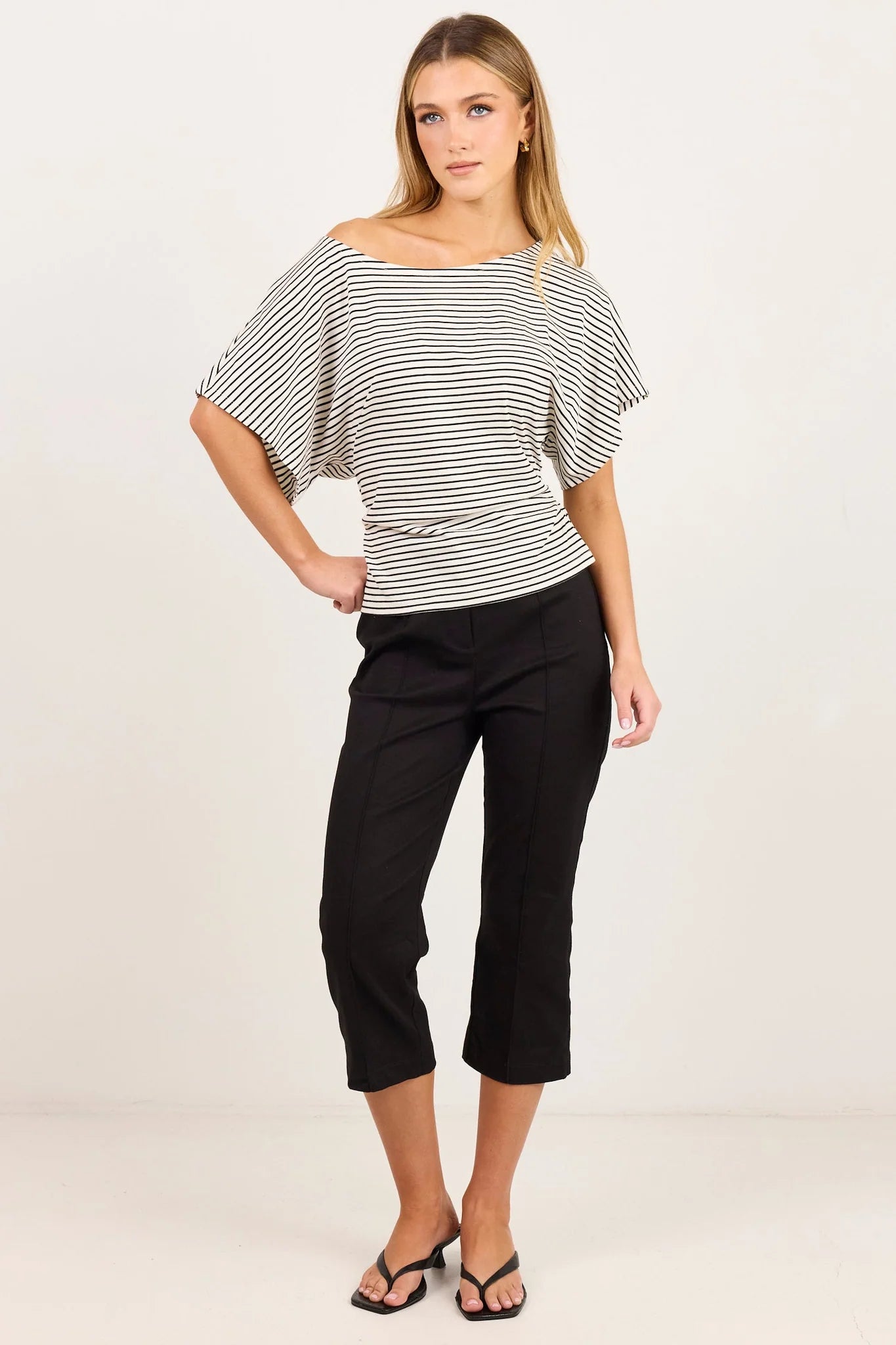 AMONG THE BRAVE Emphasis Black White Stripe Cotton Gathered Waist Top