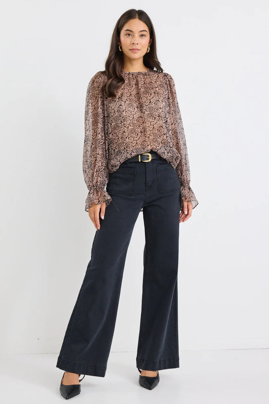 BY ROSA Endless Black Taupe Roses Georgette Top