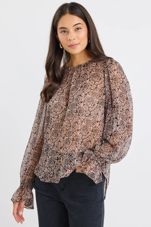 BY ROSA Endless Black Taupe Roses Georgette Top