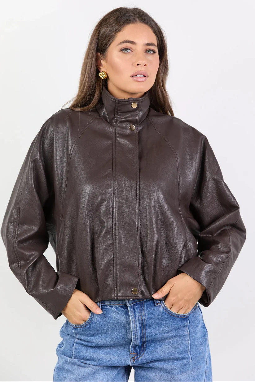 STORIES BE TOLD Ensemble Chocolate Faux Leather Funnel Neck Zip Jacket
