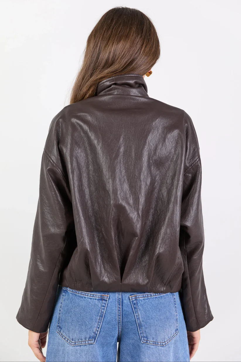 STORIES BE TOLD Ensemble Chocolate Faux Leather Funnel Neck Zip Jacket