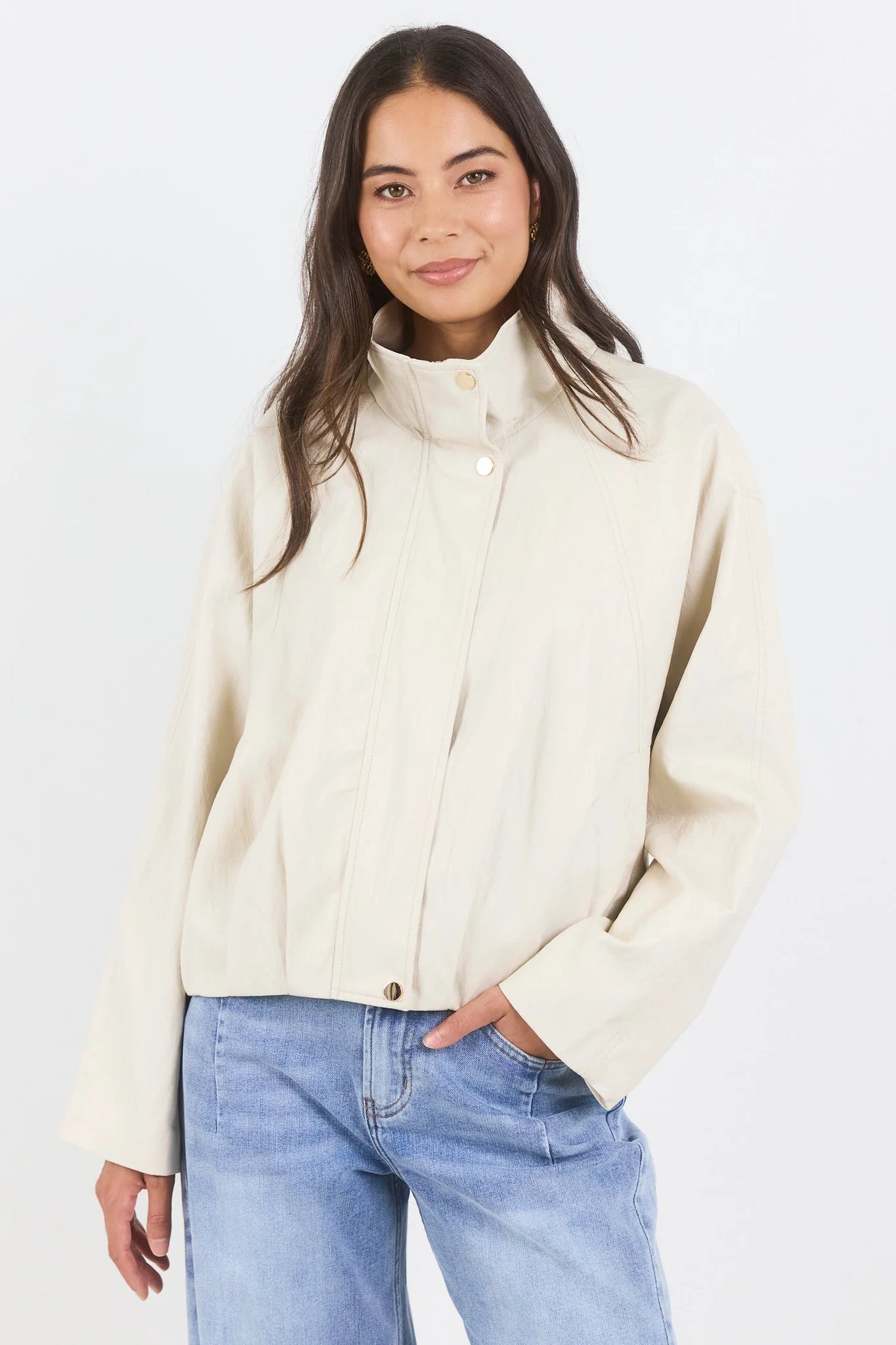 STORIES BE TOLD Ensemble Faux Leather Funnel Neck Jacket Putty