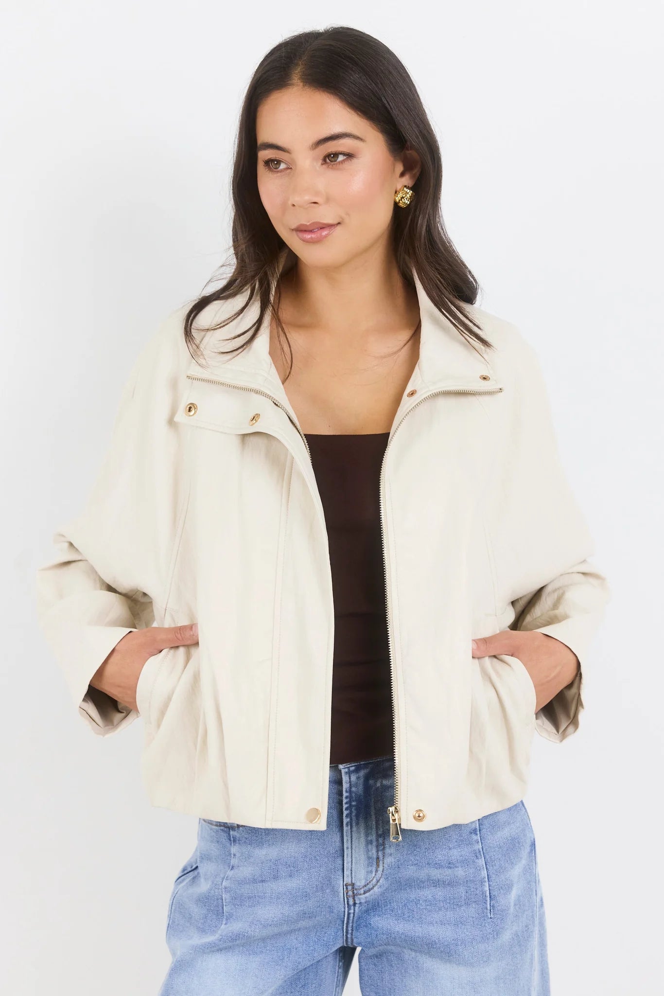 STORIES BE TOLD Ensemble Faux Leather Funnel Neck Jacket Putty