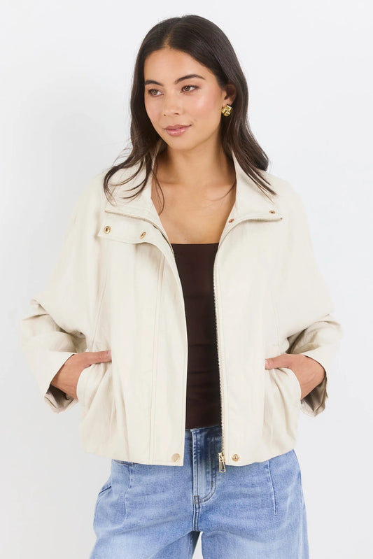 STORIES BE TOLD Ensemble Faux Leather Funnel Neck Jacket Putty