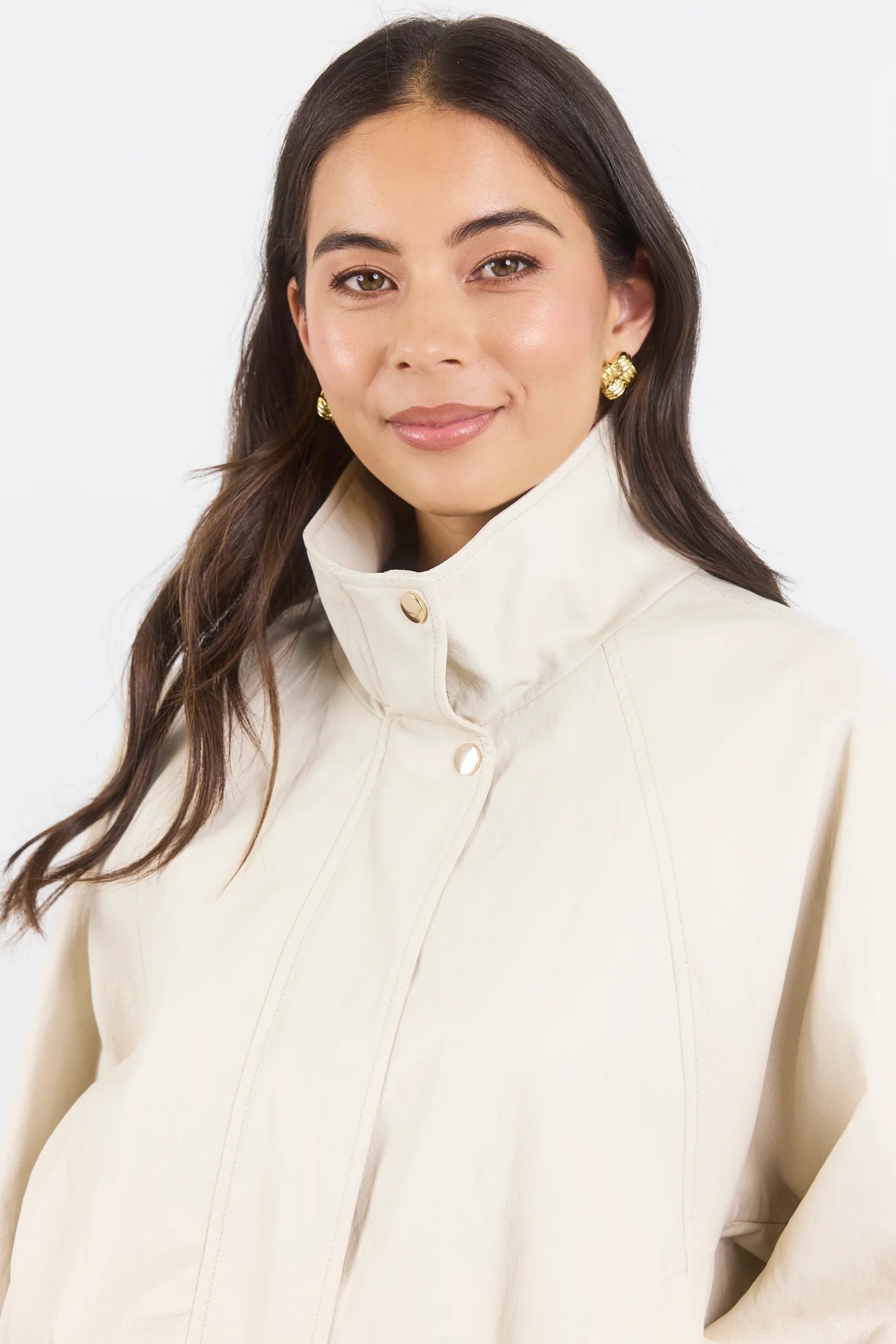 STORIES BE TOLD Ensemble Faux Leather Funnel Neck Jacket Putty