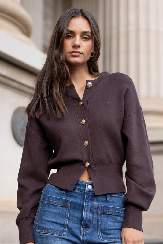 IVY + JACK Hallmark Chocolate Crew Neck Cardigan