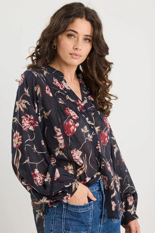 IVY + JACK Instrumental Lace Insert Pin Tuck Long Sleeve Top Wildflowers