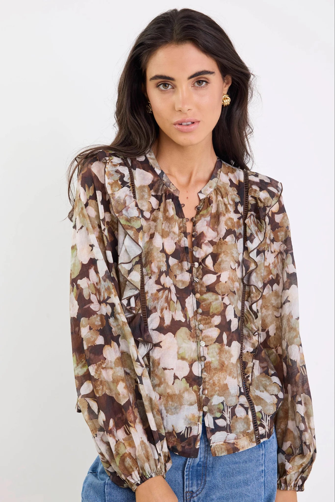 IVY + JACK  Integrity Floral Frill Detail Brown Beige