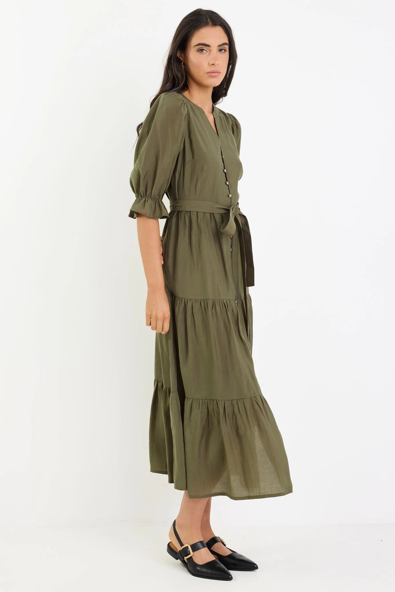 BY ROSA Irresistible Button Front Maxi Dress Khaki