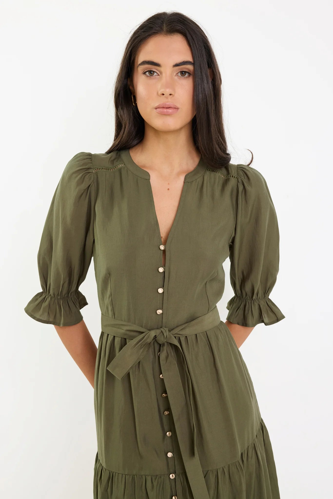 BY ROSA Irresistible Button Front Maxi Dress Khaki