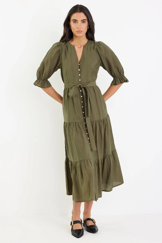 BY ROSA Irresistible Button Front Maxi Dress Khaki