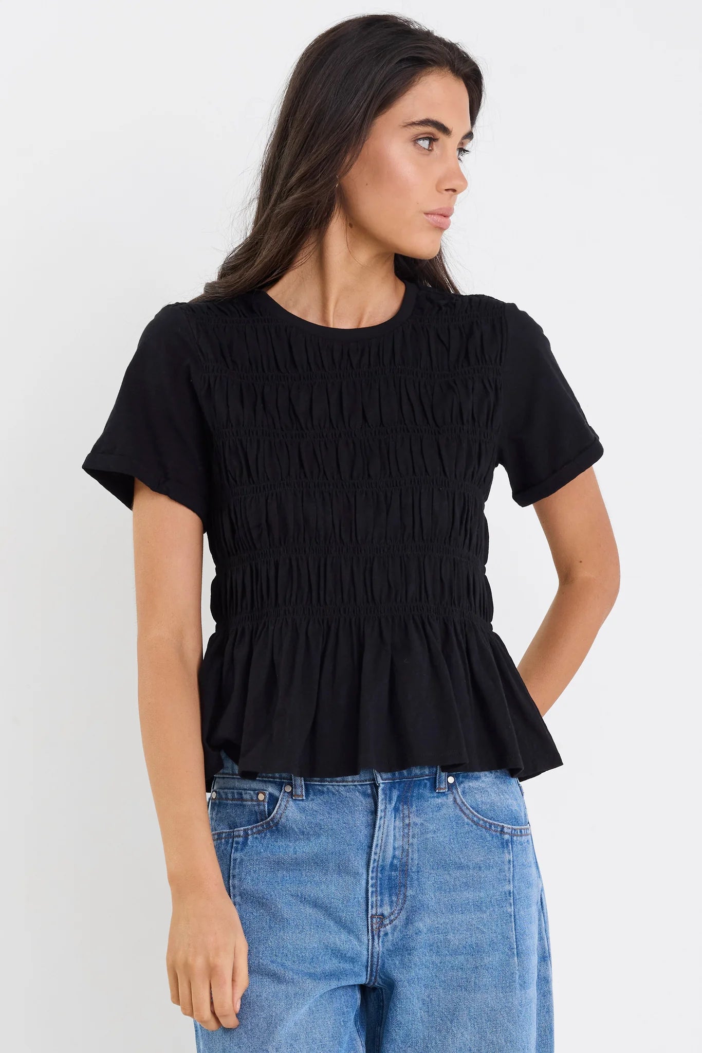 STORIES BE TOLD Neat Slub Shirred Detail Tee Black