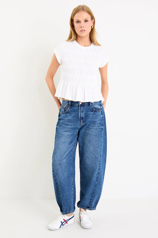 STORIES BE TOLD Neat White Slub Shirred Tee