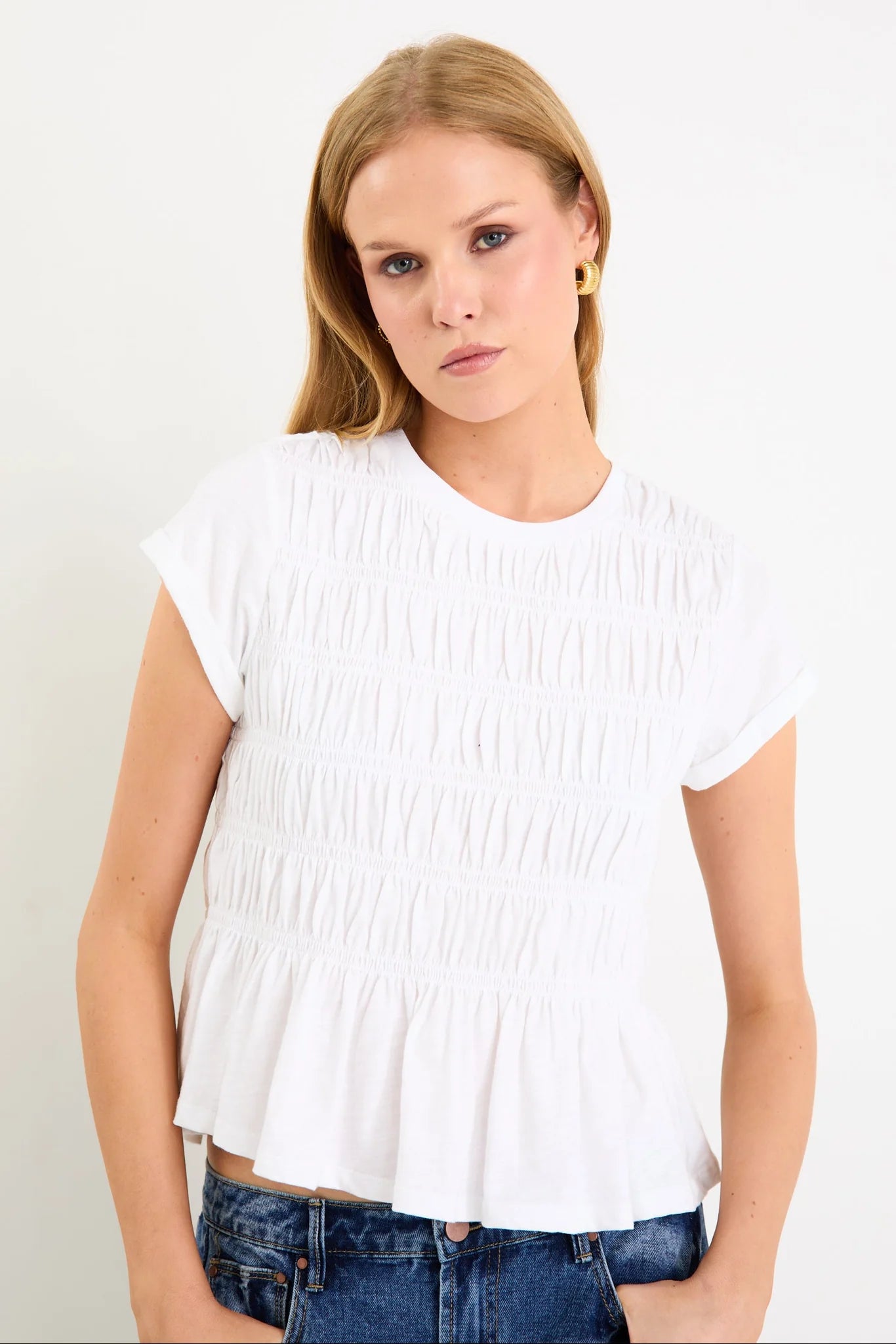 STORIES BE TOLD Neat White Slub Shirred Tee