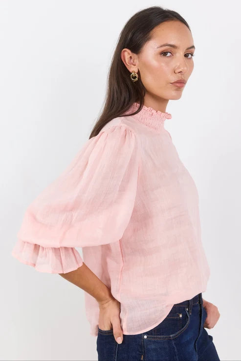 AMONG THE BRAVE Occasion Pale Pink Shirred Neck Short Sleeve Top