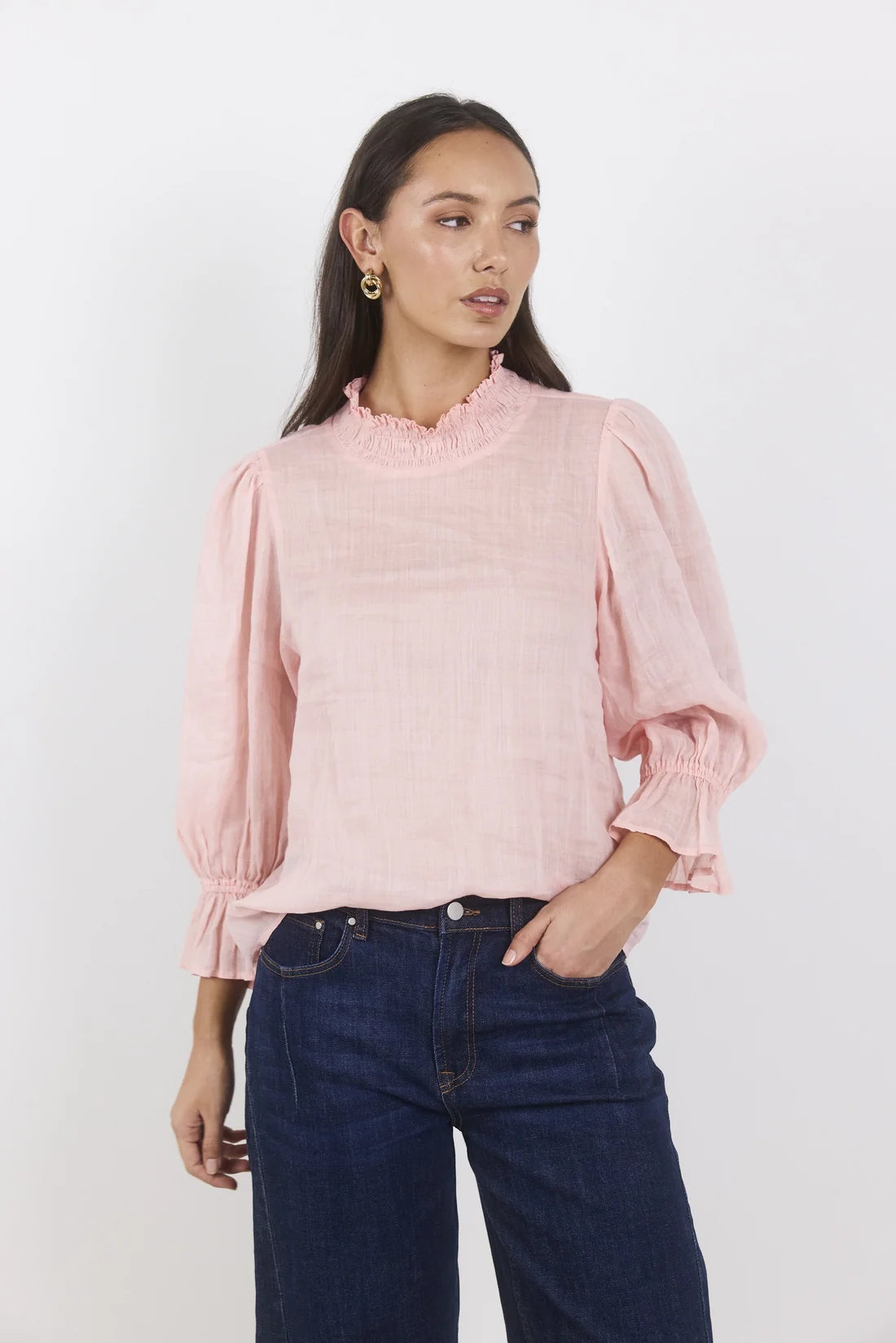 AMONG THE BRAVE Occasion Pale Pink Shirred Neck Short Sleeve Top
