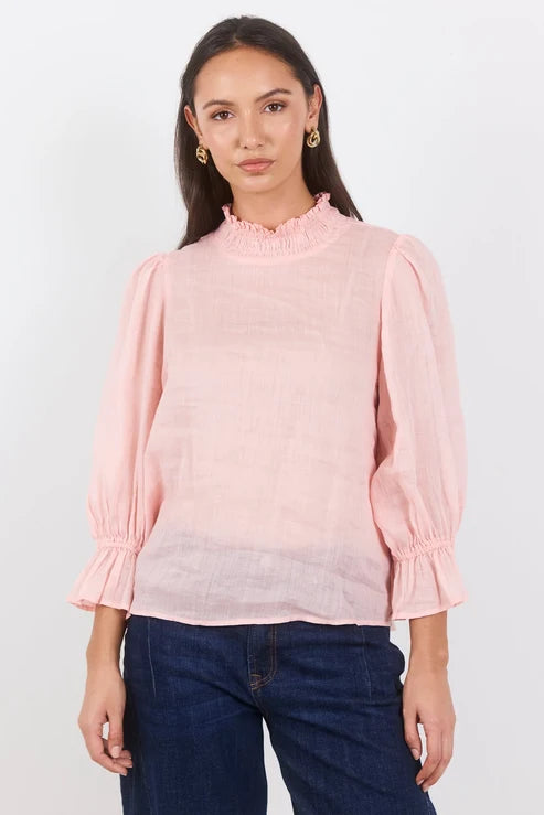 AMONG THE BRAVE Occasion Pale Pink Shirred Neck Short Sleeve Top