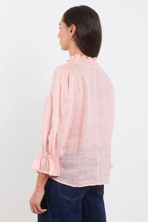 AMONG THE BRAVE Occasion Pale Pink Shirred Neck Short Sleeve Top
