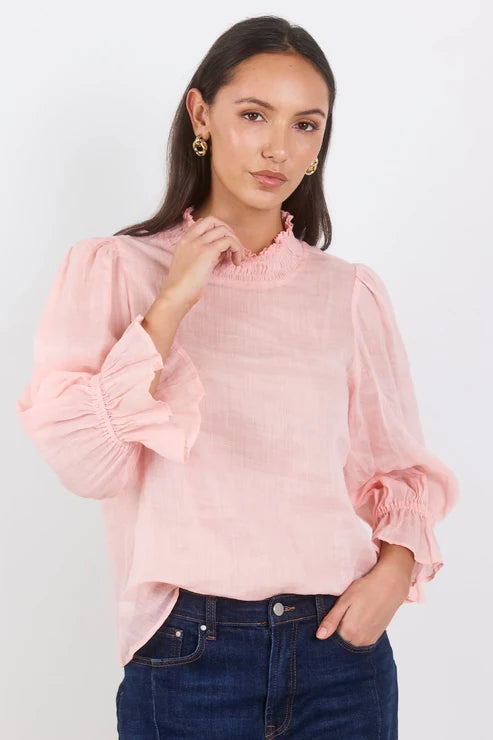 AMONG THE BRAVE Occasion Pale Pink Shirred Neck Short Sleeve Top