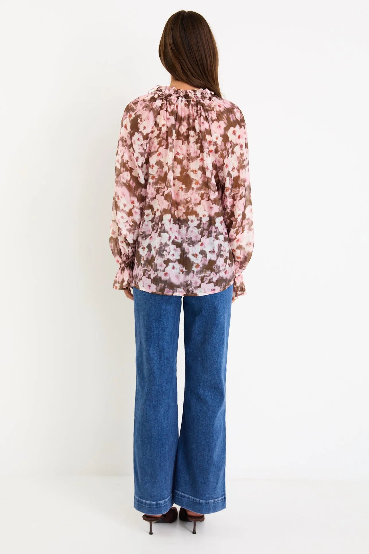 AMONG THE BRAVE Odyssey Blush Chocolate Floral Shirred Neck Top