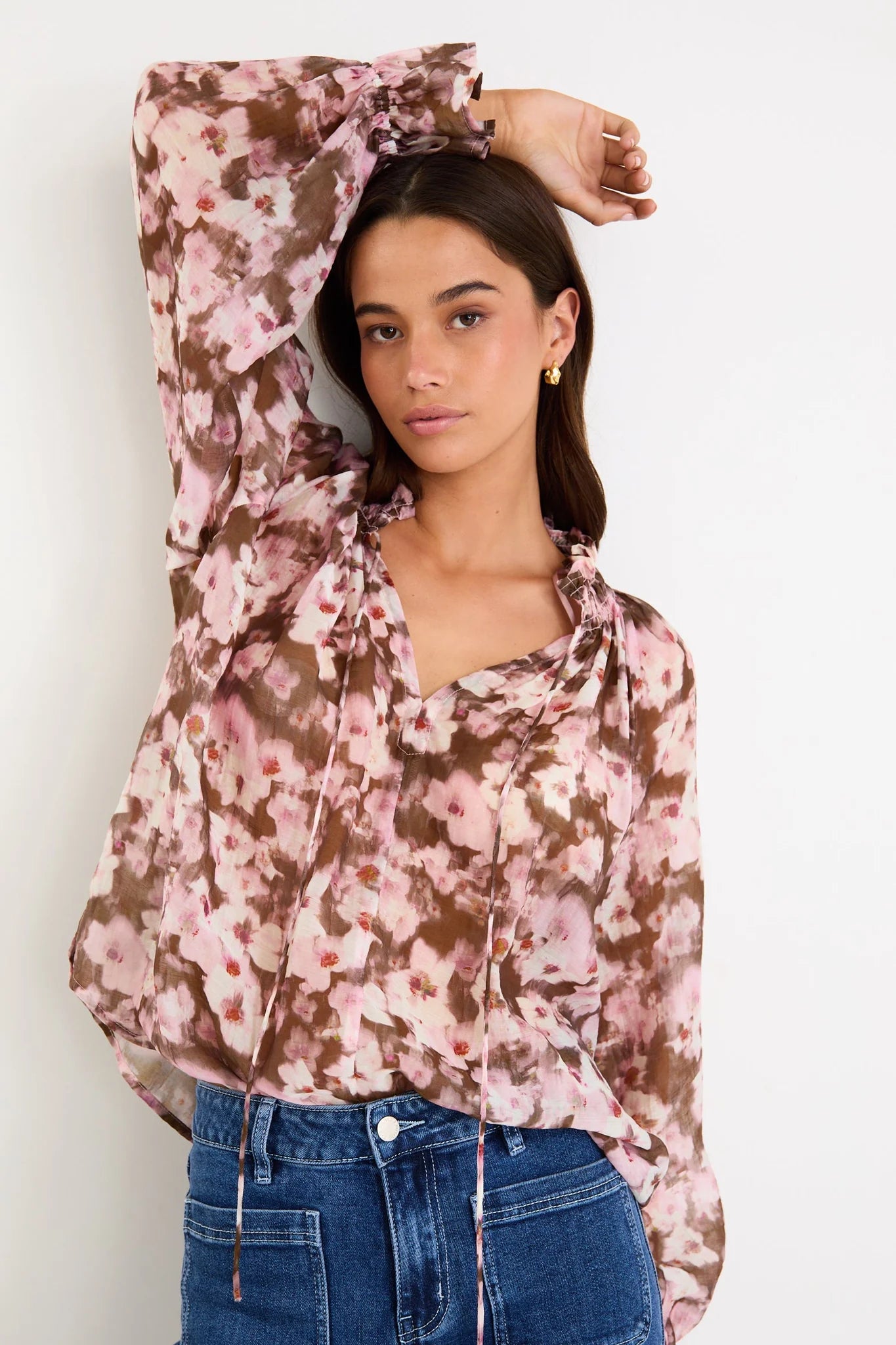 AMONG THE BRAVE Odyssey Blush Chocolate Floral Shirred Neck Top