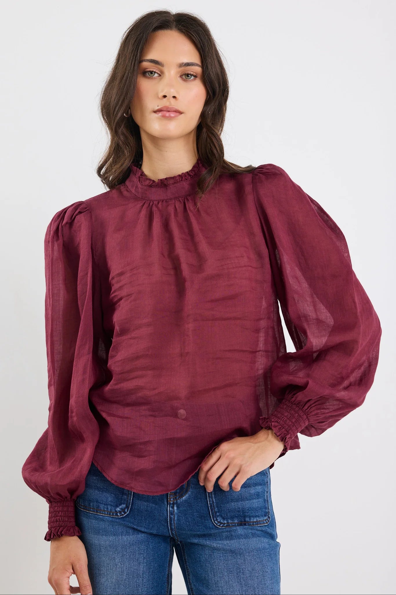 BY ROSA Poet Burgundy Plum Sheer High Neck Top