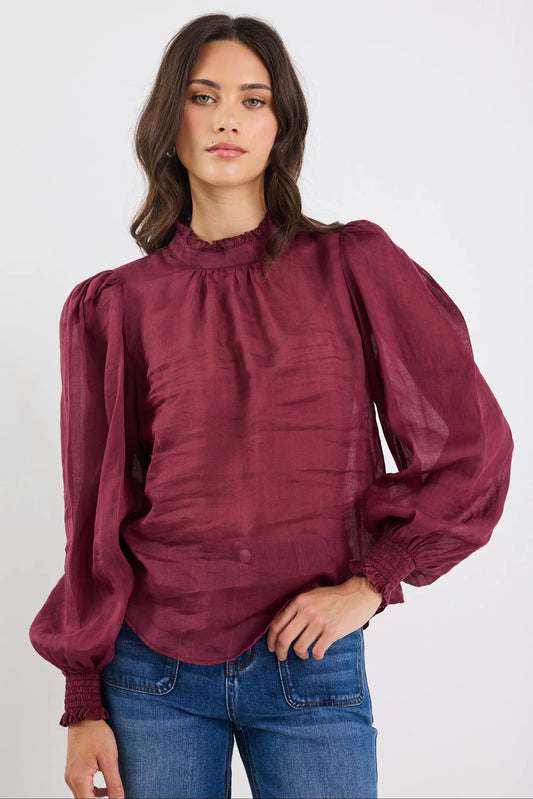 BY ROSA Poet Burgundy Plum Sheer High Neck Top