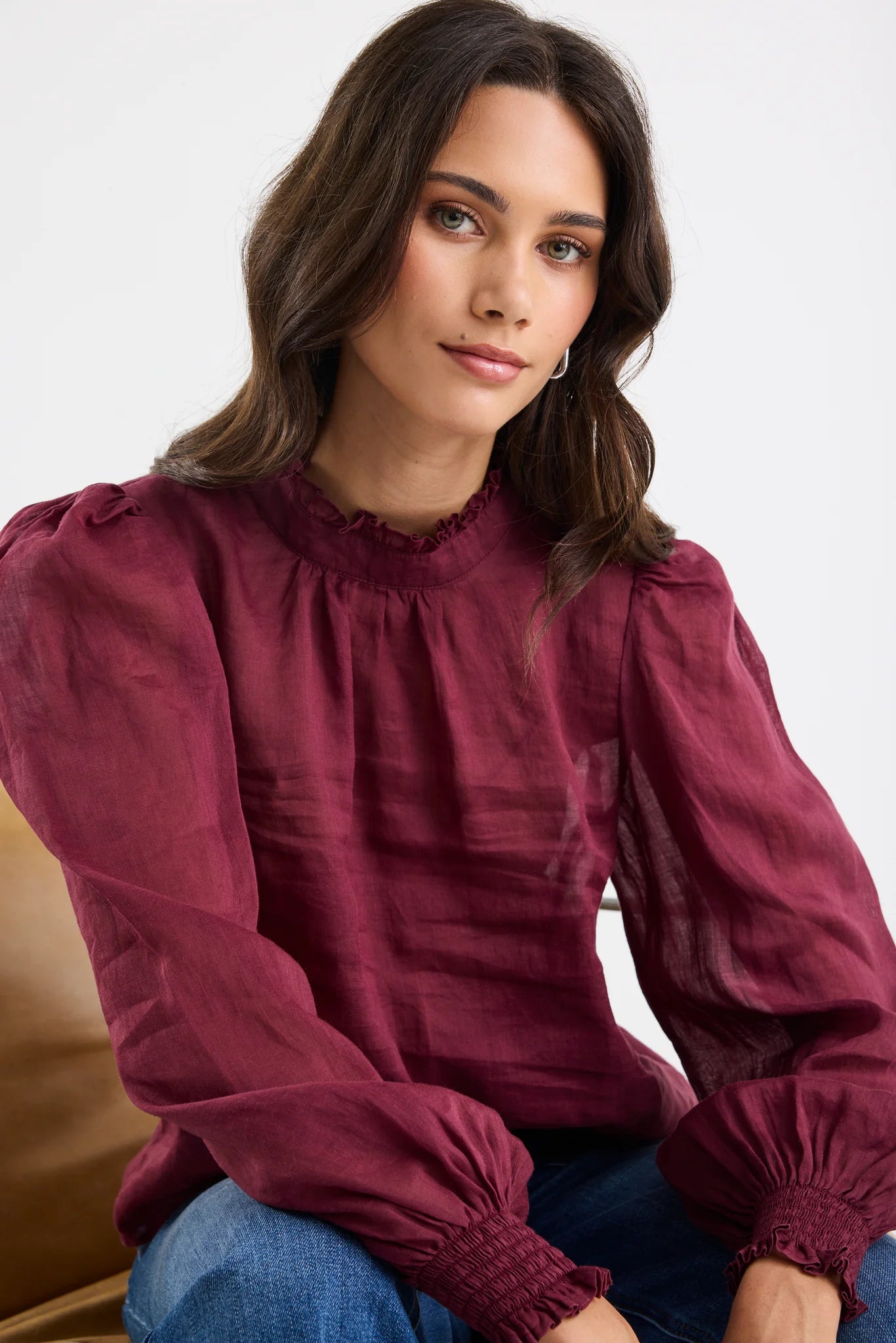 BY ROSA Poet Burgundy Plum Sheer High Neck Top