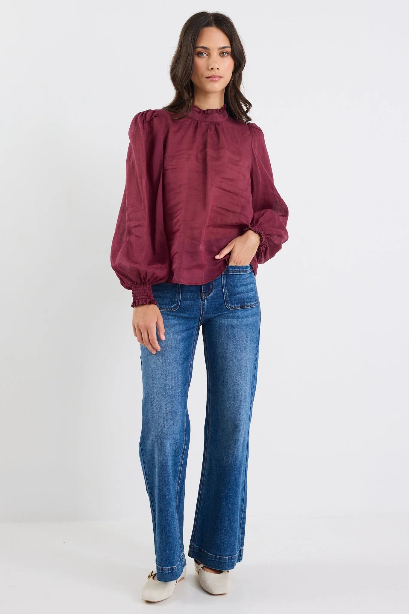 BY ROSA Poet Burgundy Plum Sheer High Neck Top