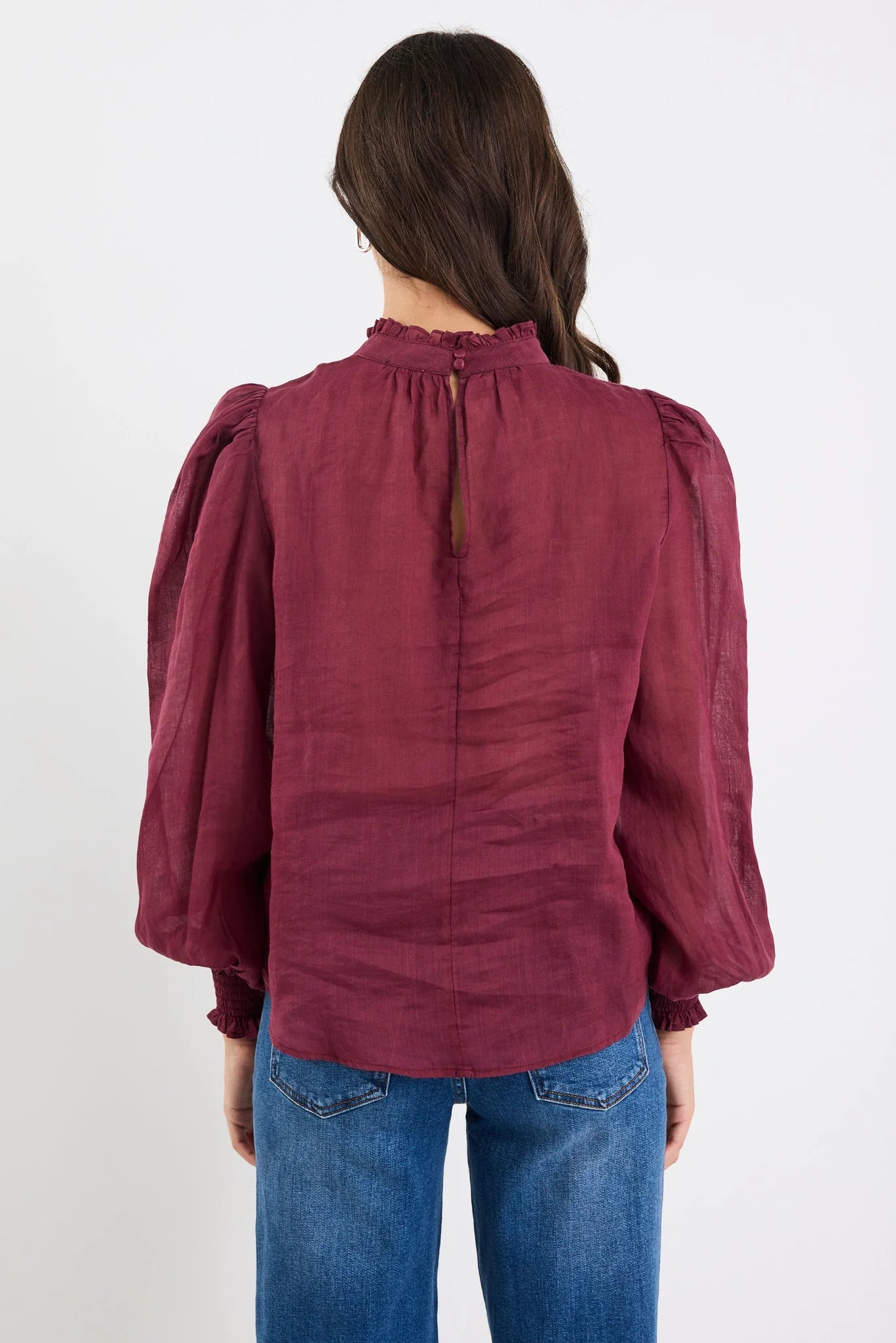 BY ROSA Poet Burgundy Plum Sheer High Neck Top