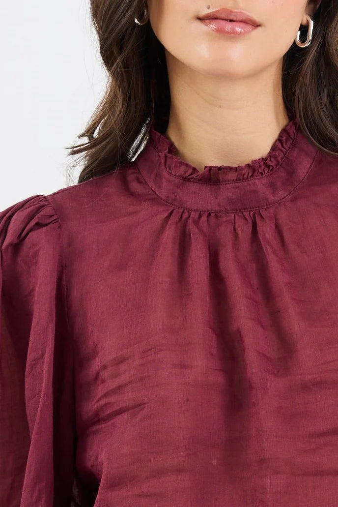 BY ROSA Poet Burgundy Plum Sheer High Neck Top