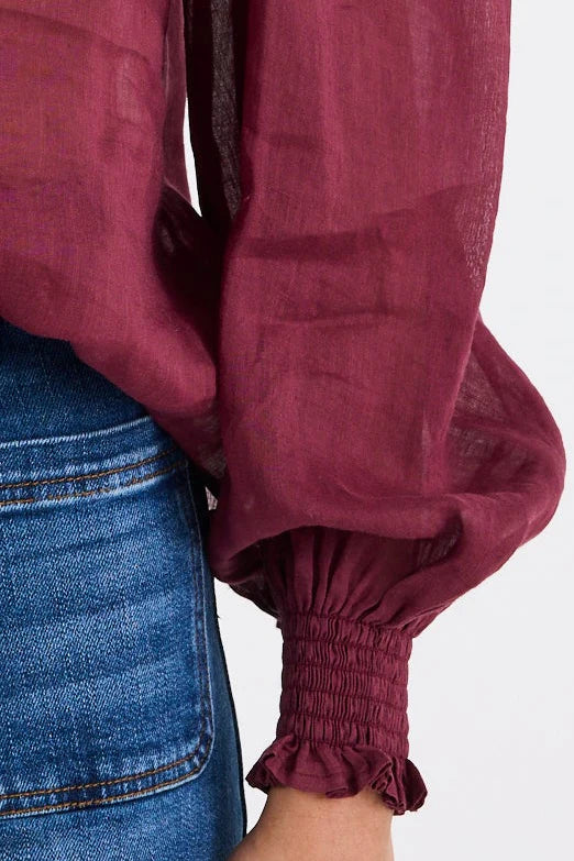 BY ROSA Poet Burgundy Plum Sheer High Neck Top