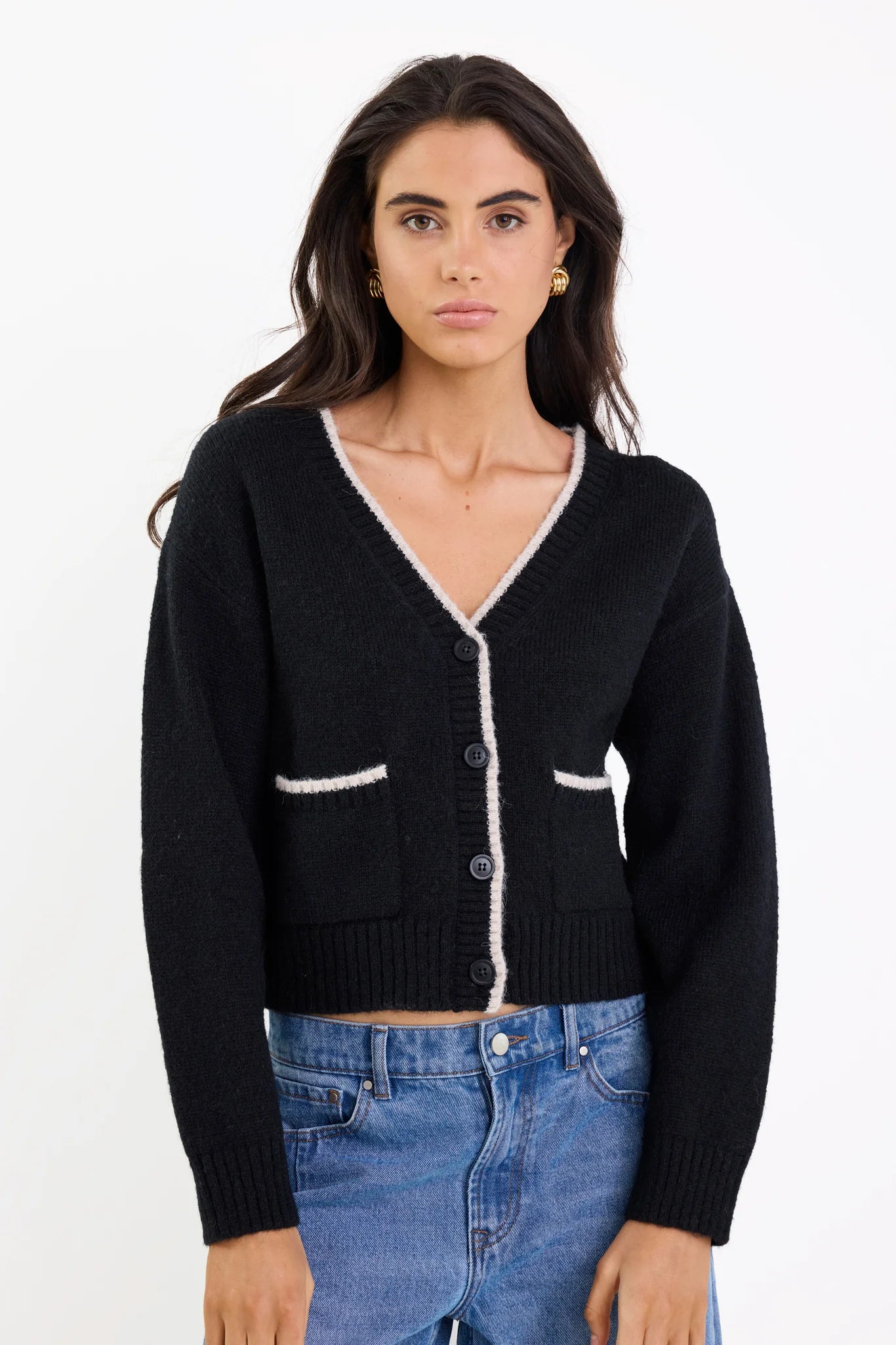 IVY + JACK Rapport V Neck Contrast Cardi Black