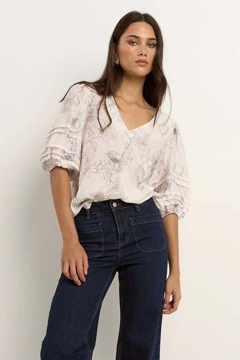 IVY + JACK Recall Sketch Floral Pleat Sleeve Crew Top Ivory