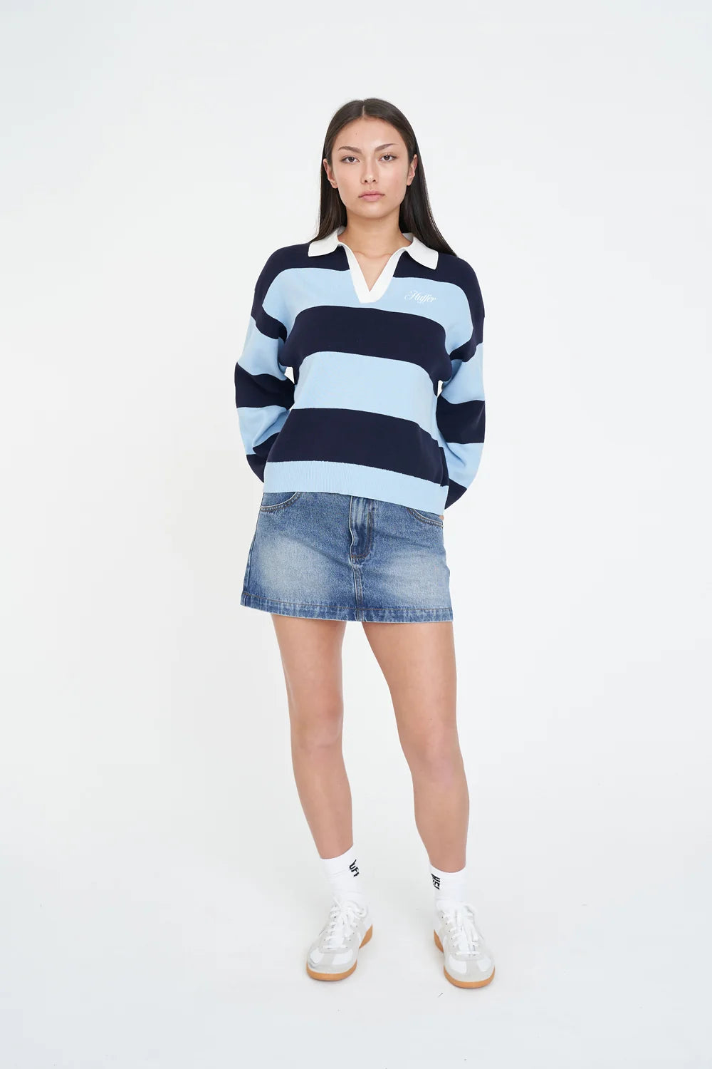 HUFFER Slouchy Knit Polo Bay Blue Navy