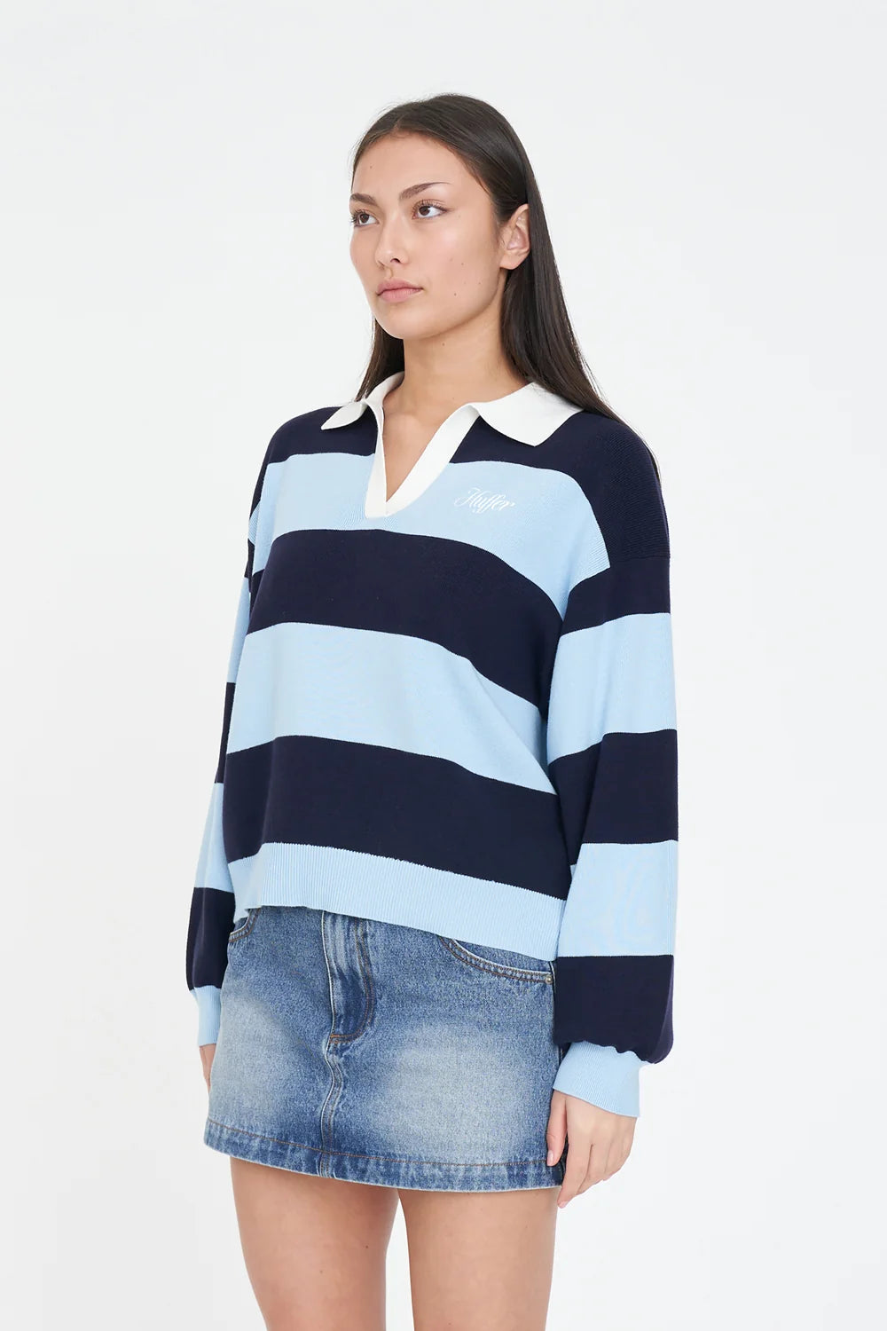 HUFFER Slouchy Knit Polo Bay Blue Navy
