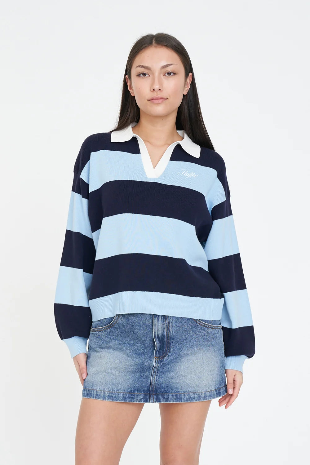 HUFFER Slouchy Knit Polo Bay Blue Navy