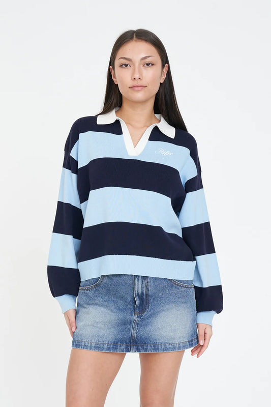 HUFFER Slouchy Knit Polo Bay Blue Navy