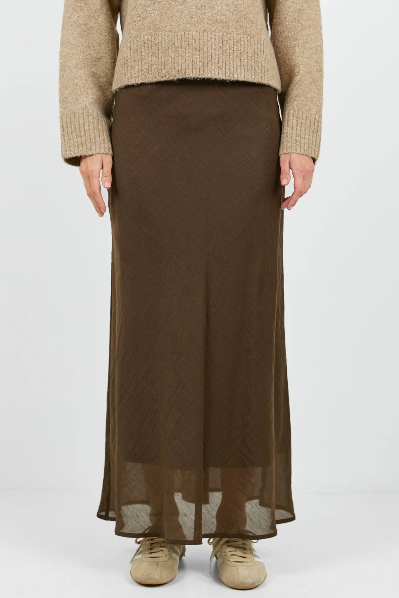 STORIES BE TOLD Sahara Luxe Linen  Blend Maxi Skirt Chocolate