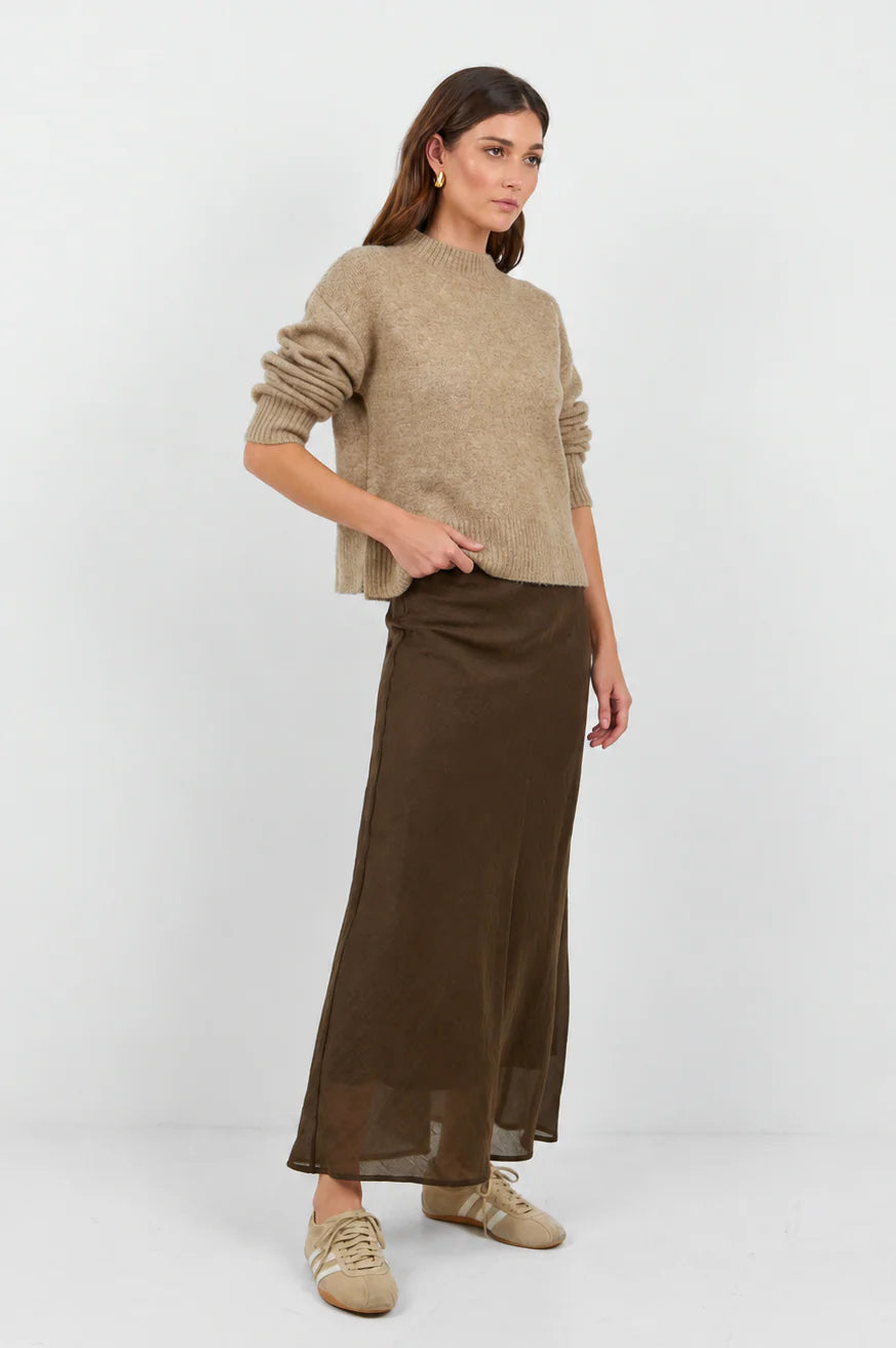 STORIES BE TOLD Sahara Luxe Linen  Blend Maxi Skirt Chocolate