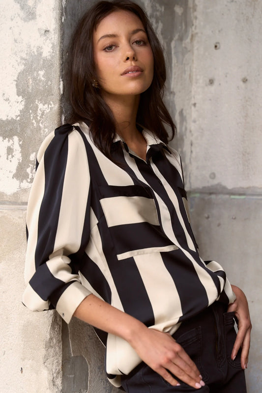 AMONG THE BRAVE Solidify Long Sleeve Shirt Blouse Black/Sand