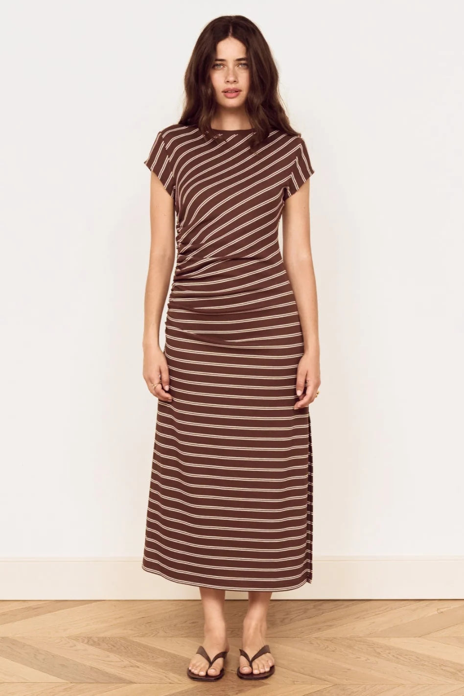 MINK PINK Vesper Chocolate Stripe Short Sleeve Midi Dress